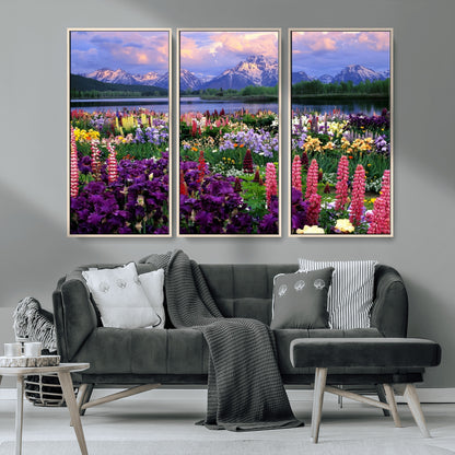 82270-MGV-CV-36X24-Colorful Wildflower Meadow Landscape Wall Art – Snow-Capped Mountain Lake Sunset Print, Vibrant Nature Artwork for Living Room,