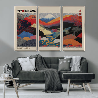 49228-MGV-FC-93X47-3P_Black-Kusama Wall Art – Vibrant Japanese Landscape Canvas Print, Modern Abstract Mountain and River Decor for Living Room, Office or Art