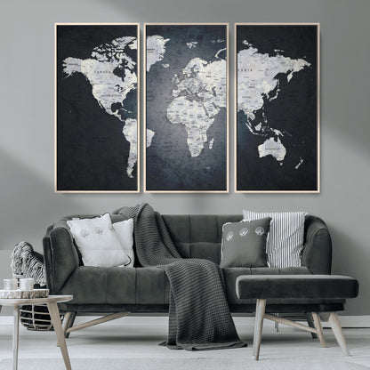 19124-MGV-CV-36X24-Modern World Map Wall Art – Black and White Canvas Print, Minimalist Global Map Decor for Office, Study, Bedroom or Living Room