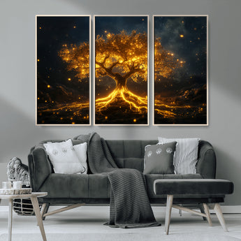 60194-MGV-CV-36X24-Glowing Tree Wall Art – Golden Roots Fantasy Canvas Print, Mystical Illuminated Tree Painting Poster for Living Room, Bedroom,