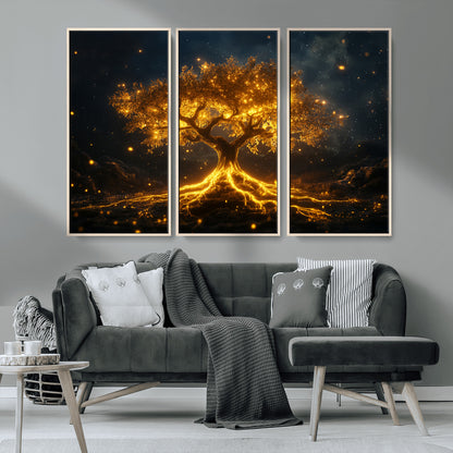 60194-MGV-CV-36X24-Glowing Tree Wall Art – Golden Roots Fantasy Canvas Print, Mystical Illuminated Tree Painting Poster for Living Room, Bedroom,