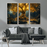 92739-MGV-FC-48X32-3P_Natural-Glowing Tree Wall Art – Enchanted Golden Forest Canvas Print, Mystical Illuminated Nature Painting Poster for Living Room,