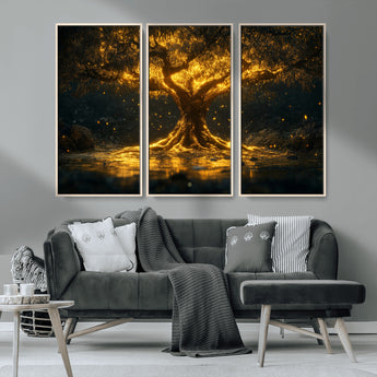 59580-MGV-CV-36X24-Glowing Tree Wall Art – Golden Fantasy Nature Canvas Print, Mystical Illuminated Tree Painting Poster for Living Room, Bedroom,