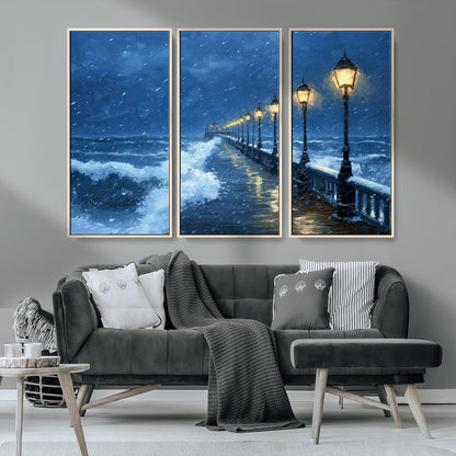 32668-MGV-CV-36X24-Stormy Pier Wall Art – Ocean Waves and Street Lamps Canvas Print, Rainy Night Seascape Oil Painting Poster for Living Room,
