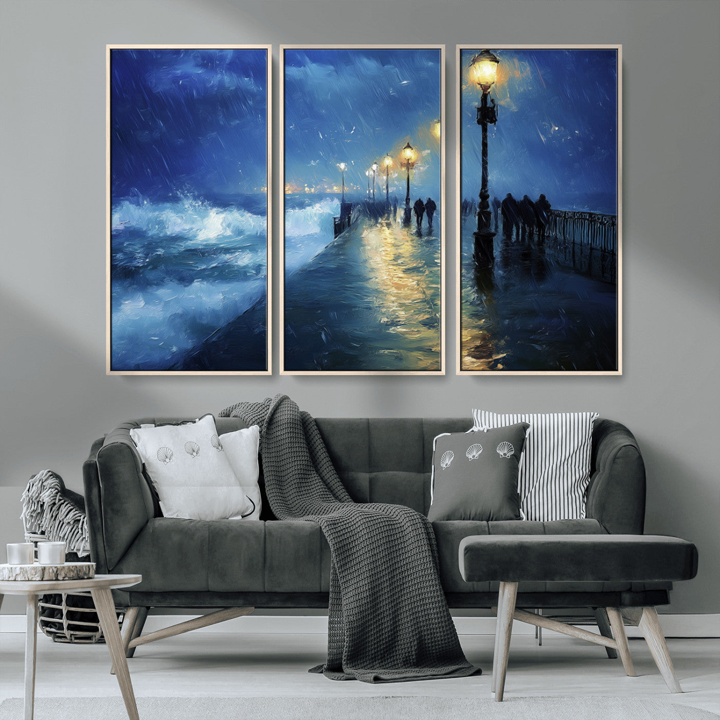 76572-MGV-FC-48X32-3P_Natural-Stormy Night Pier Wall Art – Ocean Waves and Street Lamps Canvas Print, Rainy Seascape Oil Painting Poster for Living Room,