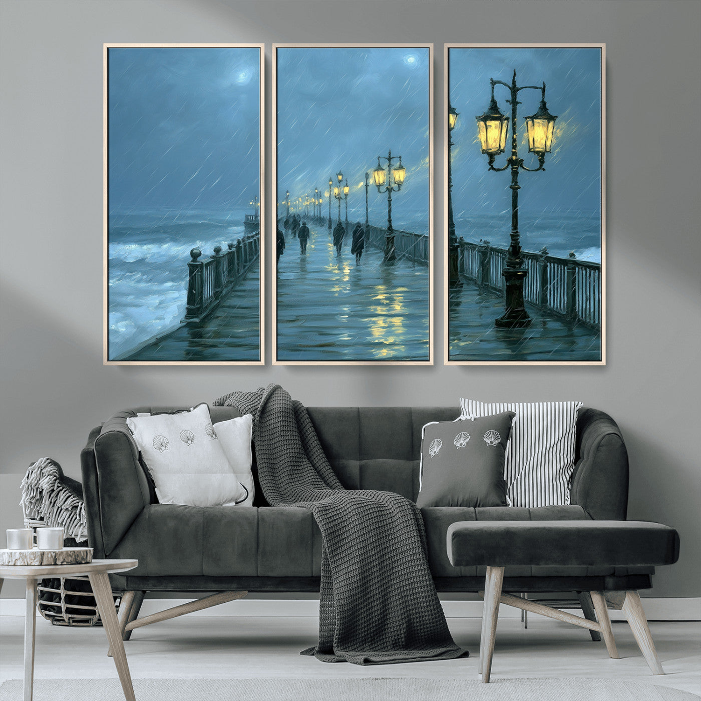 79606-MGV-CV-36X24-Rainy Pier Night Wall Art – Ocean Waves and Street Lamps Canvas Print, Moody Seascape Oil Painting Poster for Living Room,