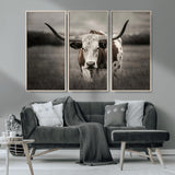 69238-MGV-CV-36X24-Longhorn Bull Wall Art – Rustic Black and White Texas Cattle Canvas Print, Western Farmhouse Animal Photography for Living Room,