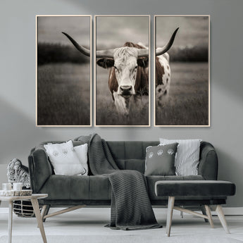 69238-MGV-CV-36X24-Longhorn Bull Wall Art – Rustic Black and White Texas Cattle Canvas Print, Western Farmhouse Animal Photography for Living Room,
