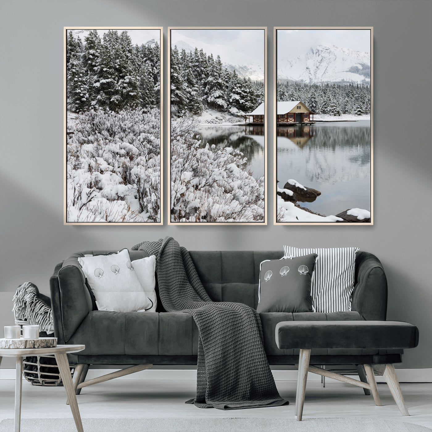 94285-MGV-CV-36X24-Snowy Cabin Wall Art Canvas Print, Framed Winter Cabin Art Picture Print, Mountain Lake Perfect Snowy Nature Decor Artwork