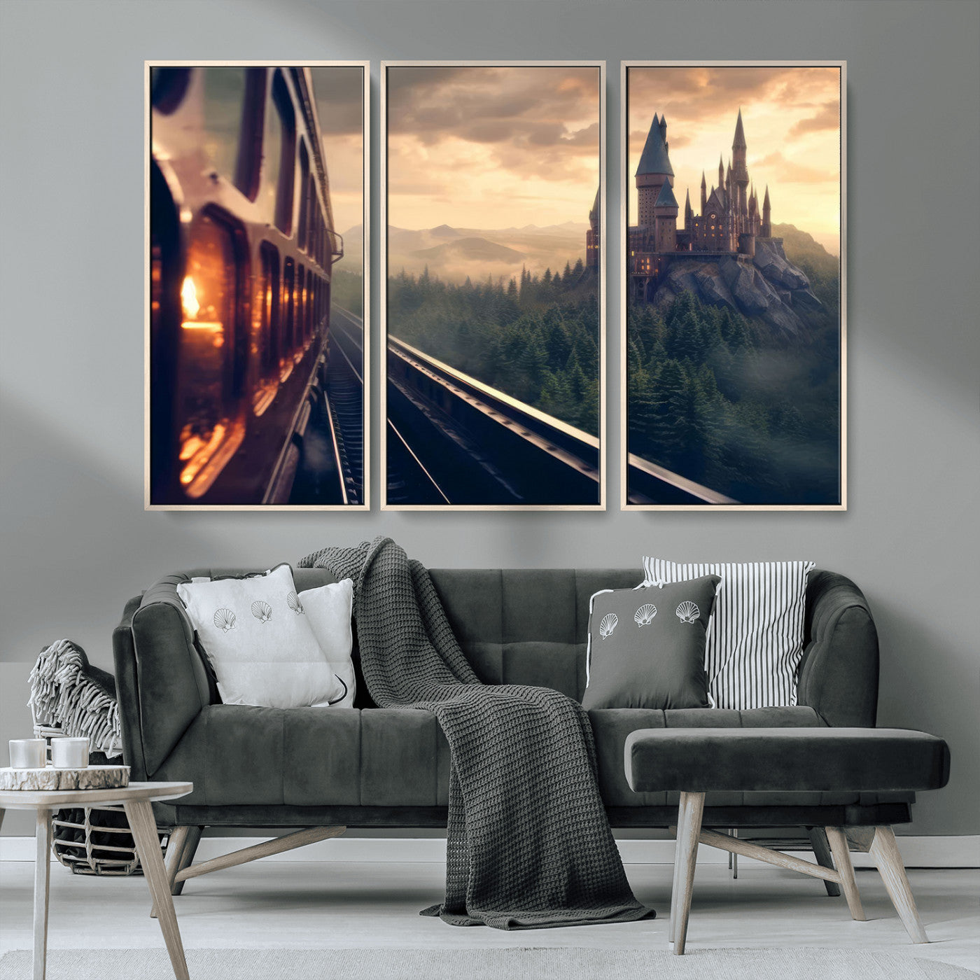 84029-MGV-CV-36X24-Fantasy Castle Wall Art – Magical Train Sunset Forest Canvas Print, Enchanted Landscape Painting Poster for Living Room, Bedroom,