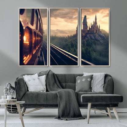 84029-MGV-CV-36X24-Fantasy Castle Wall Art – Magical Train Sunset Forest Canvas Print, Enchanted Landscape Painting Poster for Living Room, Bedroom,