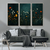 87037-MGV-CV-36X24-Wildflower Wall Art – Dark Botanical Floral Canvas Print, Modern Nature Painting Poster with Daisies Poppies Orange Flowers for