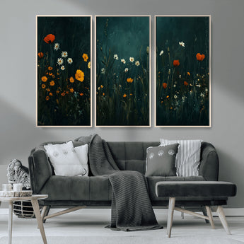 87037-MGV-CV-36X24-Wildflower Wall Art – Dark Botanical Floral Canvas Print, Modern Nature Painting Poster with Daisies Poppies Orange Flowers for