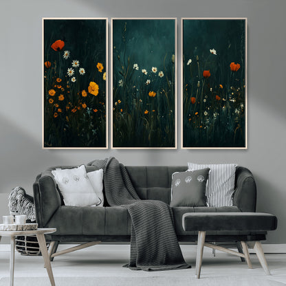 87037-MGV-CV-36X24-Wildflower Wall Art – Dark Botanical Floral Canvas Print, Modern Nature Painting Poster with Daisies Poppies Orange Flowers for