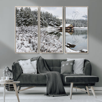 29975-MGV-CV-36X24-Winter Cabin by the Lake Wall Art – Snowy Mountain Landscape Canvas Print, Rustic Lodge Cabin Decor for Cozy Living Room, Bedroom