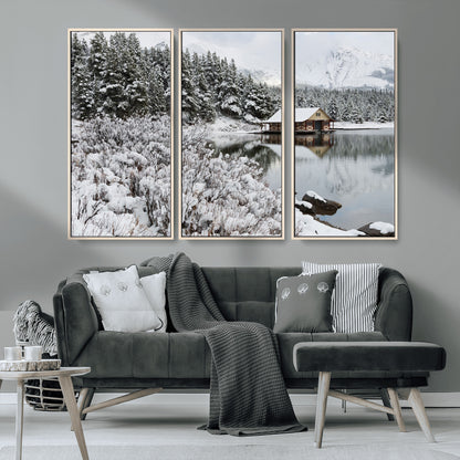 29975-MGV-CV-36X24-Winter Cabin by the Lake Wall Art – Snowy Mountain Landscape Canvas Print, Rustic Lodge Cabin Decor for Cozy Living Room, Bedroom