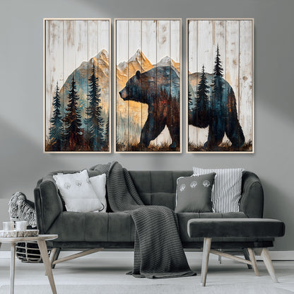 90077-MGV-CV-36X24-Wood Grizzly Bear Wall Art Canvas Print, Framed Abstract Bear Art Picture Print, Bear in Forest Perfect Rustic Lodge Decor Artwork