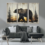 83875-MGV-CV-36X24-Sunset Bear Wall Art – Rustic Wildlife Canvas Print with Forest Silhouette, Cabin Lodge Decor for Living Room or Office
