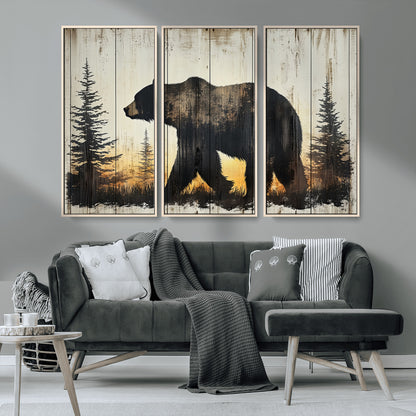 83875-MGV-CV-36X24-Sunset Bear Wall Art – Rustic Wildlife Canvas Print with Forest Silhouette, Cabin Lodge Decor for Living Room or Office
