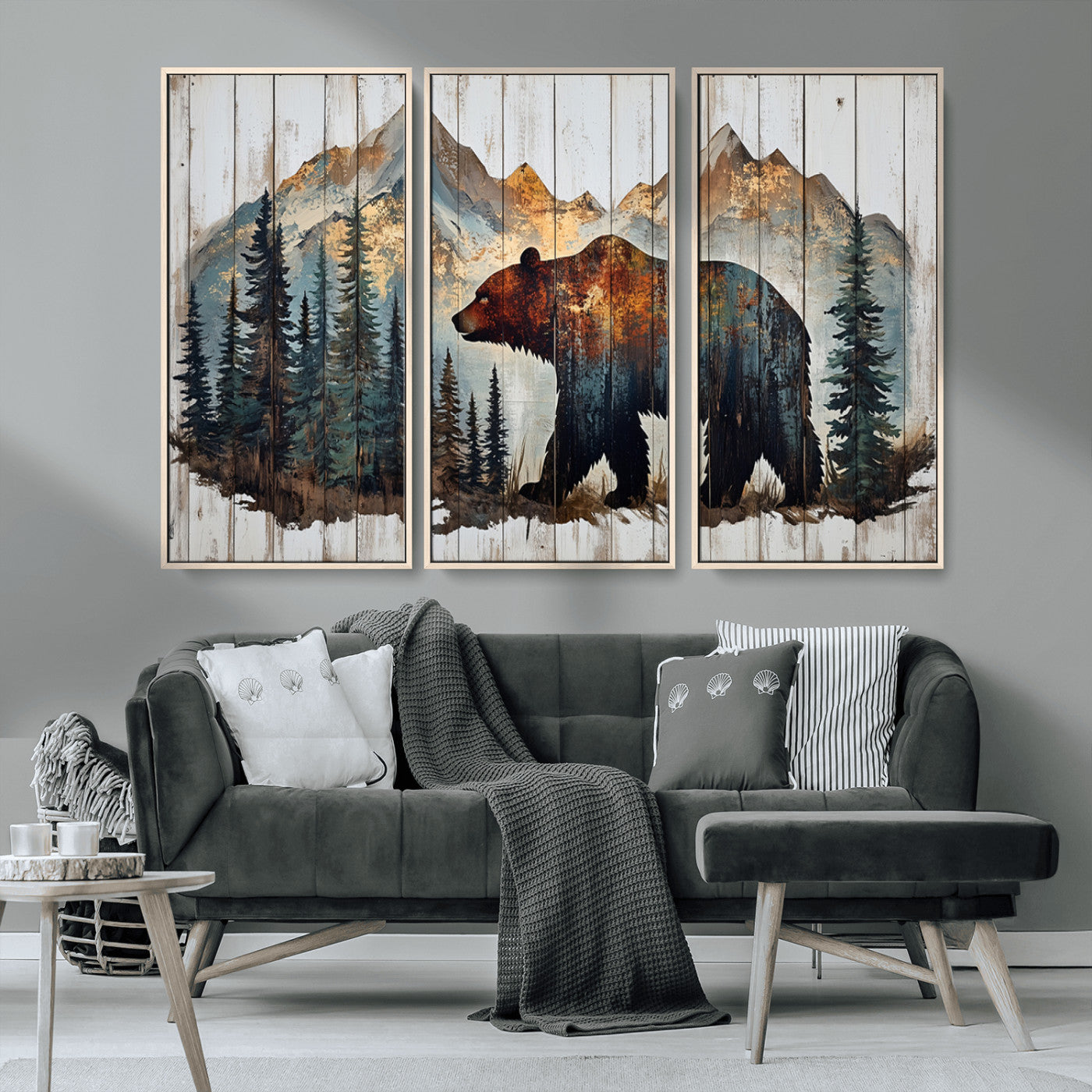 55777-MGV-CV-36X24-Rustic Bear Wall Art Canvas Print, Framed Mountain and Forest Art Picture Print, Wooden Bear Perfect Rustic Lodge Decor Artwork