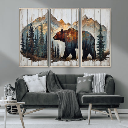 55777-MGV-CV-36X24-Rustic Bear Wall Art Canvas Print, Framed Mountain and Forest Art Picture Print, Wooden Bear Perfect Rustic Lodge Decor Artwork