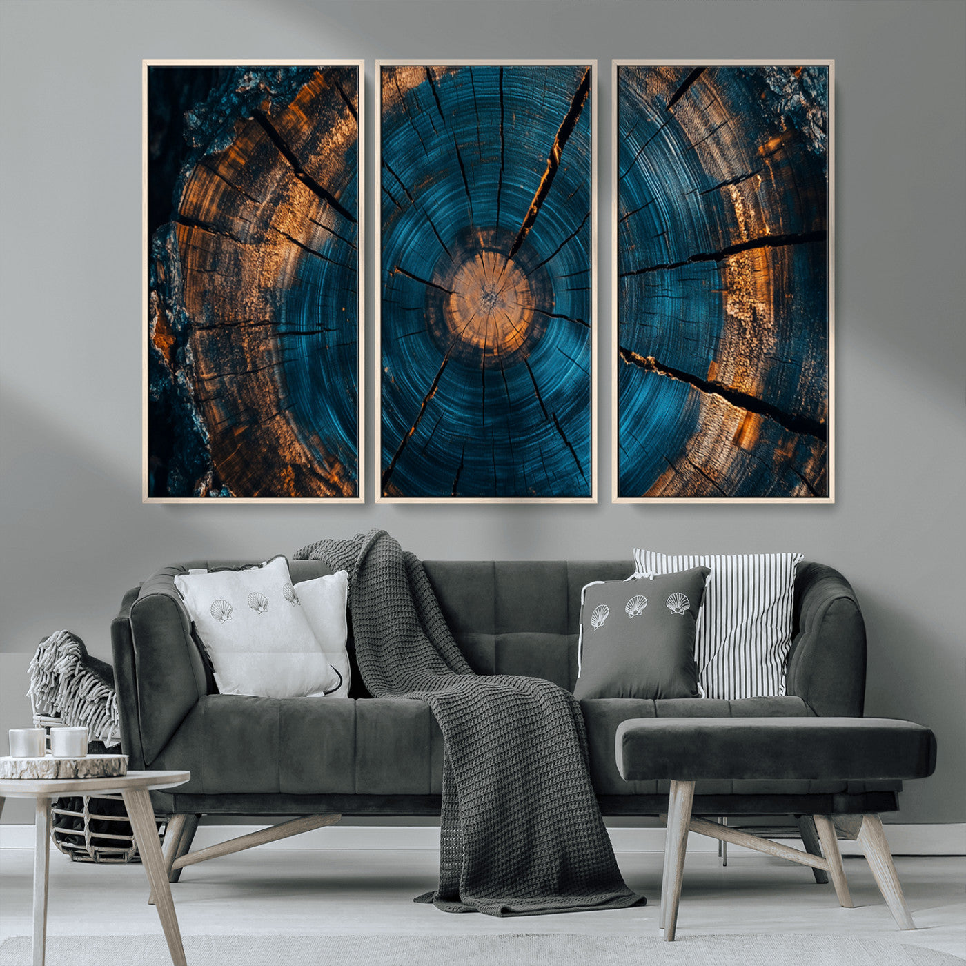 65231-MGV-CV-36X24-Blue and Gold Tree Ring Wall Art – Rustic Abstract Wood Slice Canvas Print, Modern Nature Inspired Artwork for Living Room,