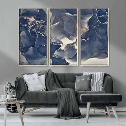 28282-MGV-CV-36X24-Blue Abstract Wall Art – Modern Ink Swirl Canvas Print, Contemporary Navy and Gold Painting for Living Room, Bedroom, Office or