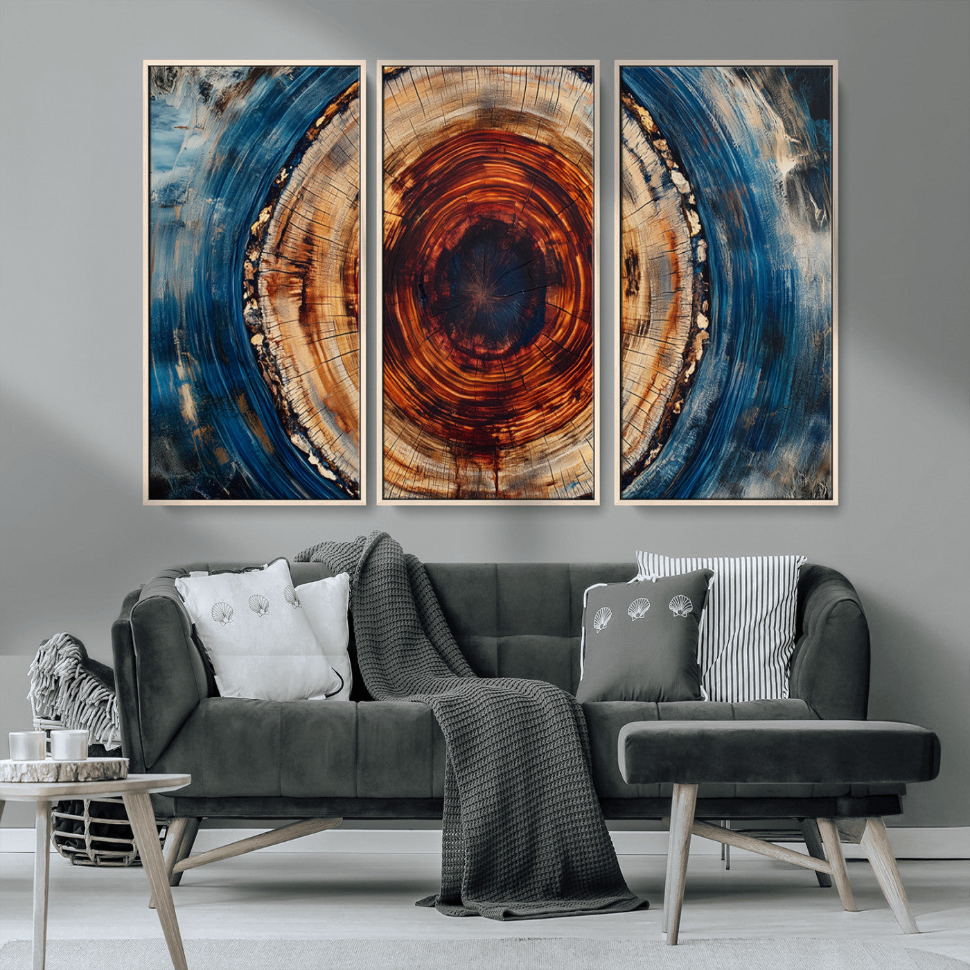 90395-MGV-CV-36X24-Tree Ring Wall Art – Abstract Wood Grain Canvas Print with Fiery Red and Blue Tones, Bold Rustic Nature Inspired Artwork Decor for