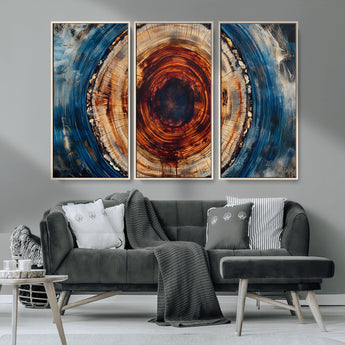 90395-MGV-CV-36X24-Tree Ring Wall Art – Abstract Wood Grain Canvas Print with Fiery Red and Blue Tones, Bold Rustic Nature Inspired Artwork Decor for