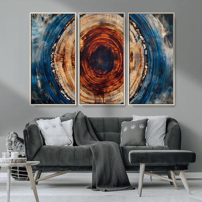 90395-MGV-CV-36X24-Tree Ring Wall Art – Abstract Wood Grain Canvas Print with Fiery Red and Blue Tones, Bold Rustic Nature Inspired Artwork Decor for