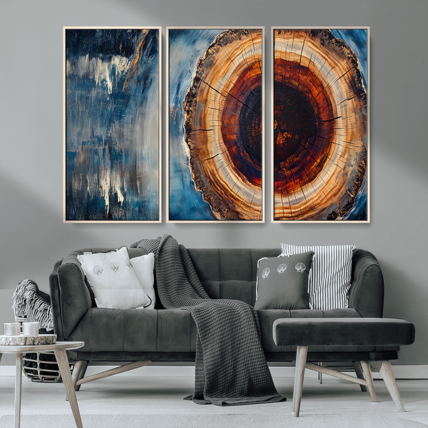 48045-MGV-CV-36X24-Tree Ring Abstract Wall Art – Rustic Wood Grain Canvas Print with Brown Center and Blue Brush Strokes, Nature Inspired Artwork for