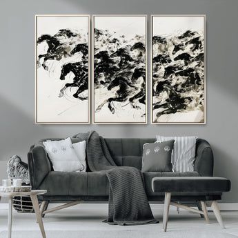 23069-MGV-CV-36X24-Galloping Horses Wall Art – Black Ink Painting on Canvas, Dynamic Equestrian Artwork with Running Stallions, Expressive Modern