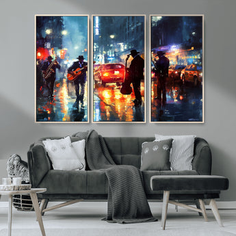 94605-MGV-CV-36X24-City Jazz Night Wall Art – Vibrant Music Canvas Print Featuring Saxophone, Guitar and Bass Players, Urban Street Scene Artwork for