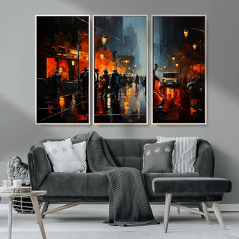 46538-MGV-CV-36X24-Urban Jazz Night Wall Art – Dramatic Music Canvas Print with Double Bass and Street Musicians, Modern City Scene Artwork for