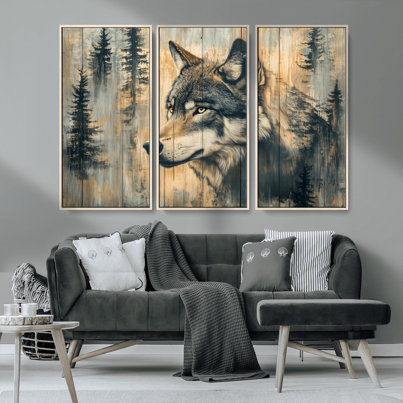 51892-MGV-CV-36X24-Wolf Wall Art – Rustic Canvas Print of Wolf with Forest Trees on Wood Texture, Wildlife Lodge Artwork for Living Room, Bedroom,