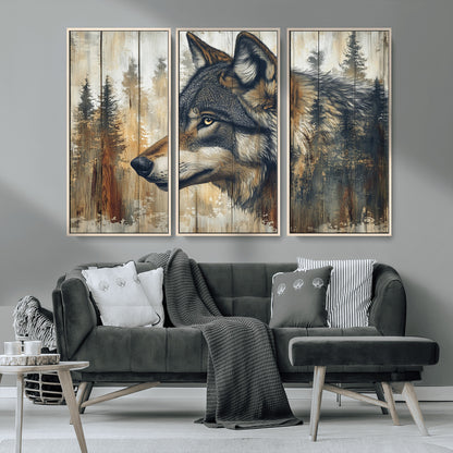 91882-MGV-CV-36X24-Wolf Wall Art – Rustic Canvas Print of Forest Wolf on Wood Background, Wildlife Lodge Artwork for Living Room, Bedroom, Cabin, or
