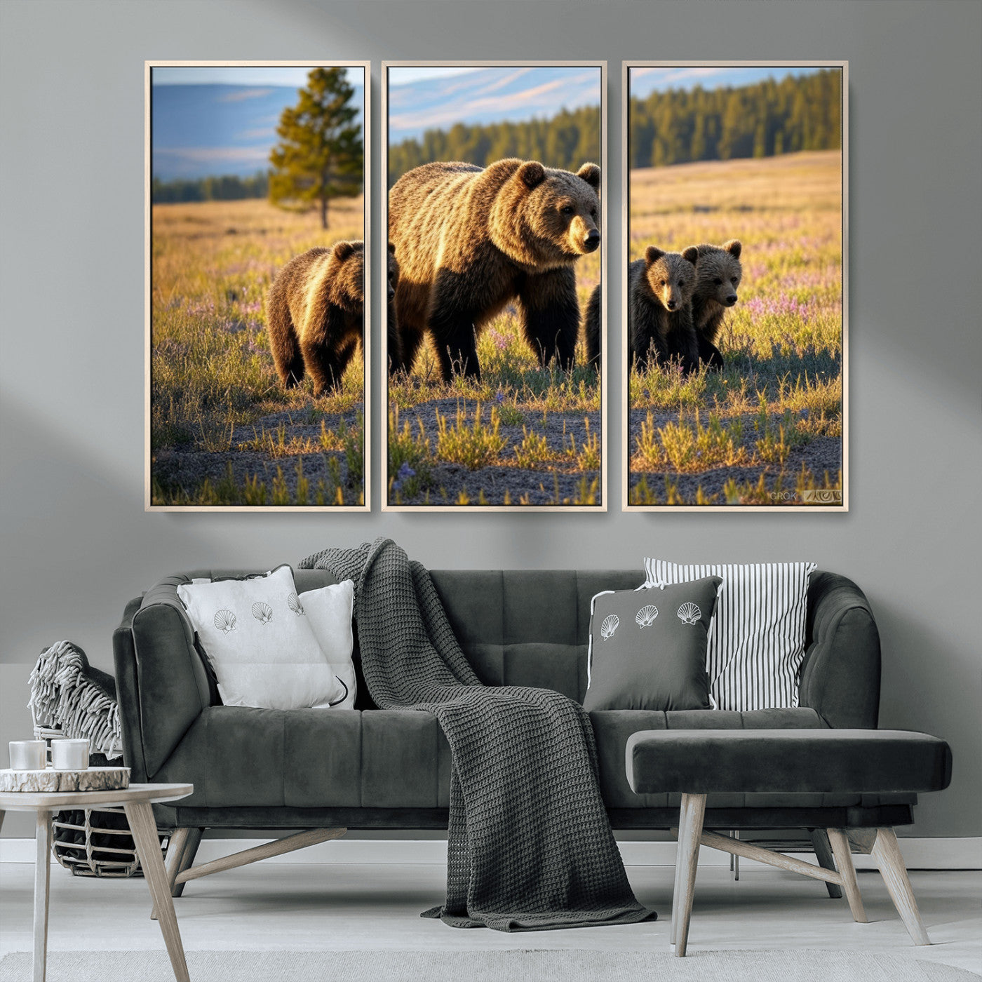 43400-MGV-CV-36X24-Bear Family Wall Art – Wildlife Canvas Print of Mother Bear with Cubs in Sunlit Meadow, Rustic Animal Artwork for Living Room,