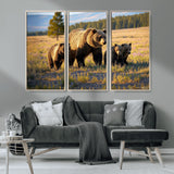 43400-MGV-CV-36X24-Bear Family Wall Art – Wildlife Canvas Print of Mother Bear with Cubs in Sunlit Meadow, Rustic Animal Artwork for Living Room,