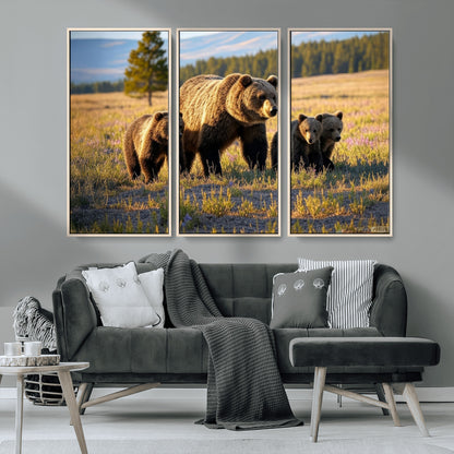 43400-MGV-CV-36X24-Bear Family Wall Art – Wildlife Canvas Print of Mother Bear with Cubs in Sunlit Meadow, Rustic Animal Artwork for Living Room,
