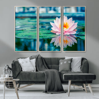 30320-MGV-CV-36X24-Pink Water Lily Wall Art – Lotus Flower Canvas Print with Reflection Water, Peaceful Botanical Artwork for Living Room, Bedroom,