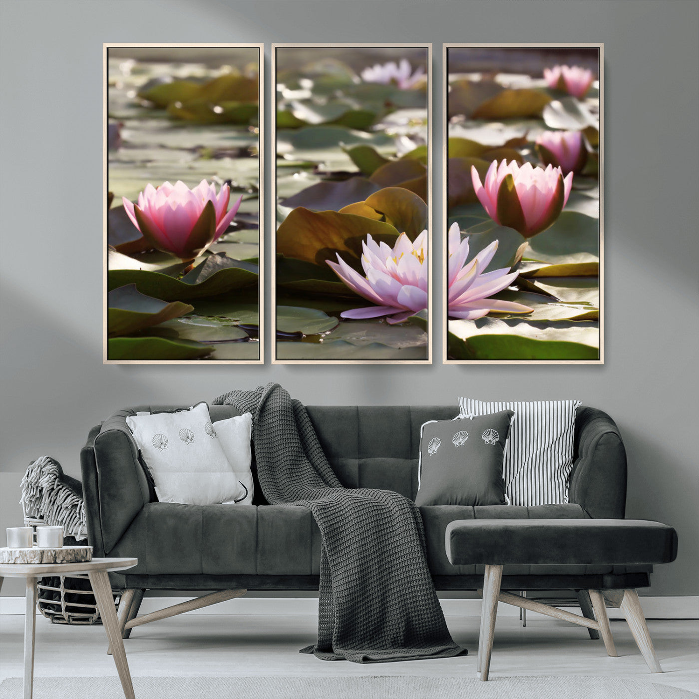 28394-MGV-CV-36X24-Water Lily Pond Wall Art – Pink Lotus Flowers Canvas Print with Green Lily Pads, Peaceful Botanical Artwork for Living Room,