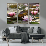 28394-MGV-CV-36X24-Water Lily Pond Wall Art – Pink Lotus Flowers Canvas Print with Green Lily Pads, Peaceful Botanical Artwork for Living Room,