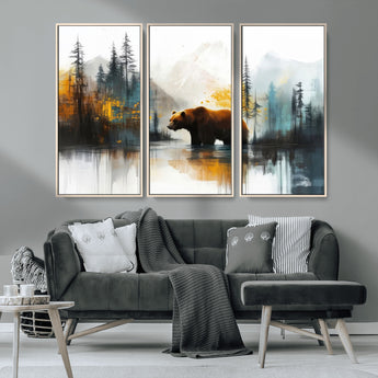 50308-MGV-CV-36X24-Abstract Rustic Bear Wall Art – Forest and Mountain Scene Canvas Print, Nature Artwork for Modern Farmhouse or Log Cabin Decor