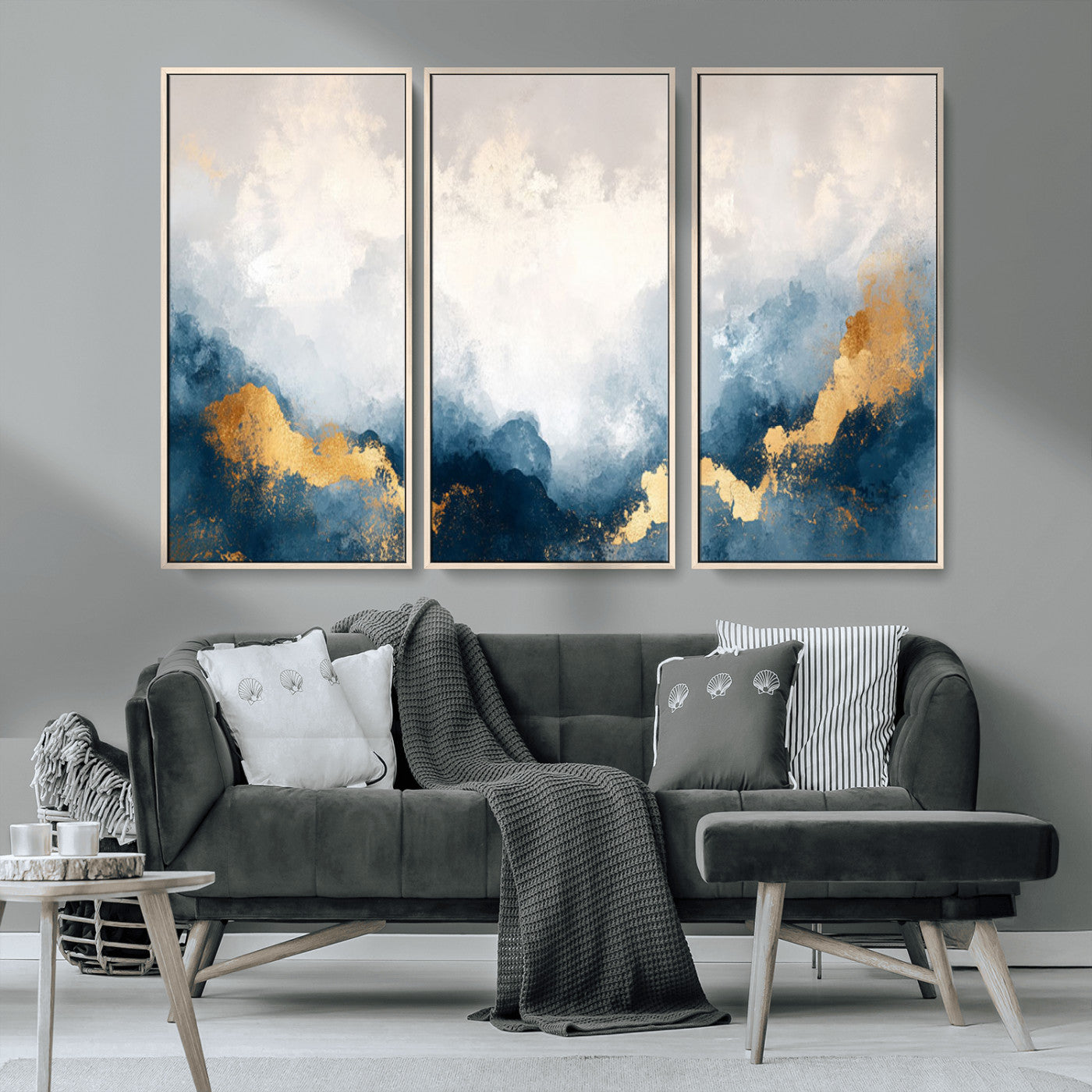 14578-MGV-CV-36X24-Abstract Wall Art – Modern Canvas Print Featuring Blue and White Clouds with Golden Accents, Contemporary Elegant Artwork for
