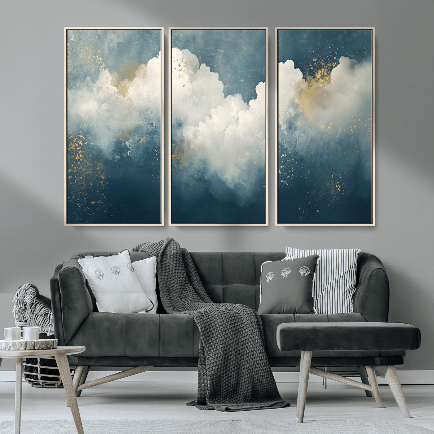 75131-MGV-CV-36X24-Abstract Cloud Wall Art – Modern Canvas Print Featuring Blue and White Clouds with Golden Accents, Contemporary Artwork for Living