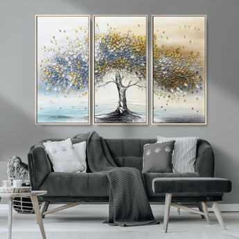 24771-MGV-CV-36X24-Silver Tree Wall Art Canvas Print, Framed Golden Leaves Art Picture Print, Metallic Tree Perfect Minimalist Luxury Decor Artwork
