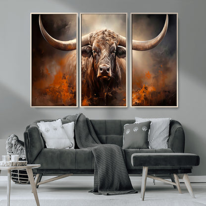 240479-MGV-CV-36X24-Longhorn Bull Wall Art – Dramatic Western Canvas Print Featuring Horned Bull with Fiery Background, Rustic Farmhouse Artwork for