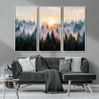 56391411-MGV-CV-36X24-Misty Forest Wall Art Canvas Print, Framed Sunrise Pines Art Picture Print, Moody Pines Perfect Serene Woodland Decor Artwork