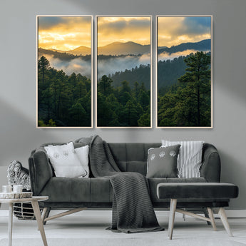 68082278-MGV-CV-36X24-Mountain Sunrise Wall Art Canvas Print, Framed Pine Forest Art Picture Print, Misty Mountains Perfect Earthy Woodland Decor