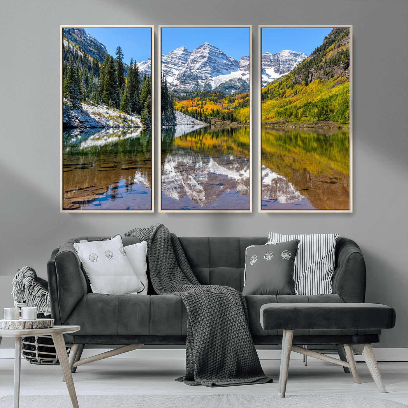 87724099-MGV-CV-36X24-Maroon Bells Wall Art Canvas Print, Framed Snowy Mountains Art Picture Print, Pine Forest Perfect Vibrant Alpine Decor Artwork